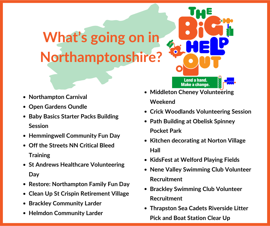 A list of events taking place in Northamptonshire over The Big Help Out weekend, 7 - 9 June 2024